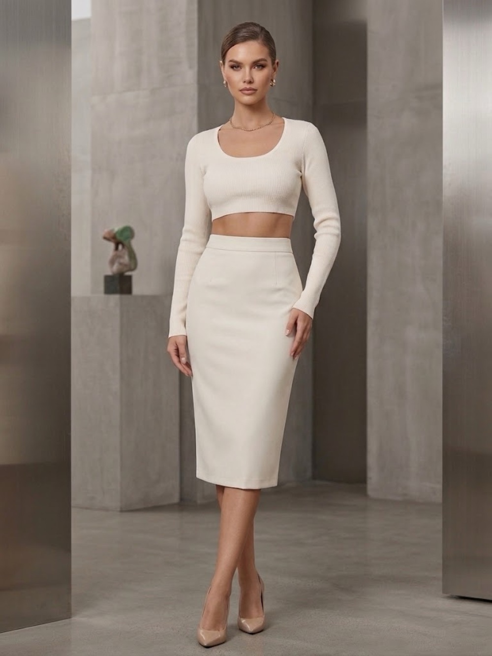 High-Waist Cream Pencil Skirt — Sleek Professional Silhouette
